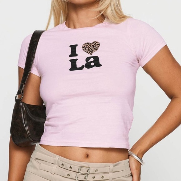 NWT Princess Polly I HEART LA TOP Leopard PINK Cropped Fitted T-Shirt Y2K XS 2 - Picture 1 of 9